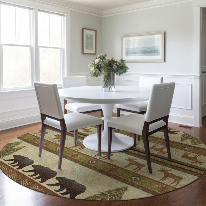 8' Lodge Animal Print Washable Round Rug With UV Protection - Brown