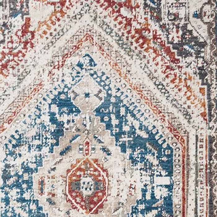 8' x 10' Geometric Distressed Area Rug With Fringe - Teal Taupe And Rust