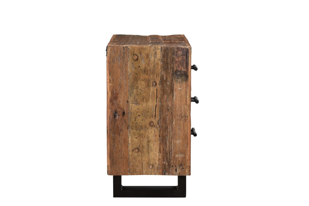 Three Drawer Wood And Metal Nightstand - Distressed Dark Brown