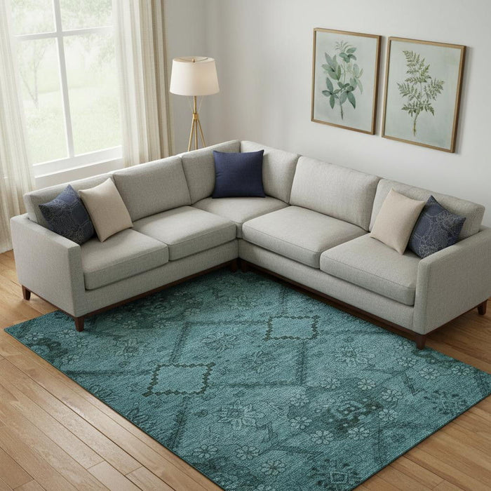 10' X 14' Floral Washable Area Rug With UV Protection (667264) - Teal / Gray