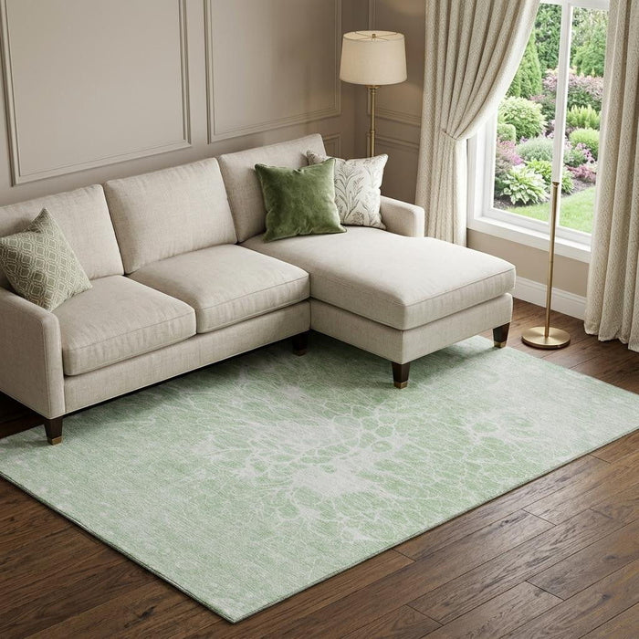 10' X 14' Abstract Washable Area Rug With UV Protection (654602) - Mint Green / Ivory