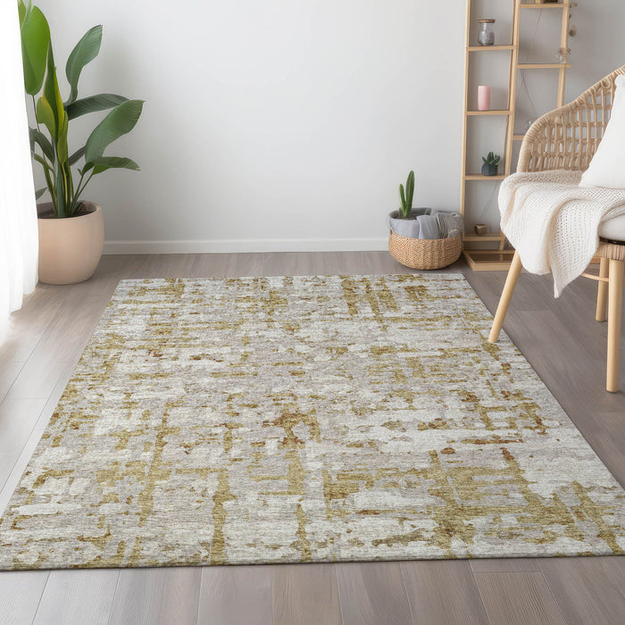 10' X 14' Abstract Washable Area Rug With UV Protection - Camel And Ivory