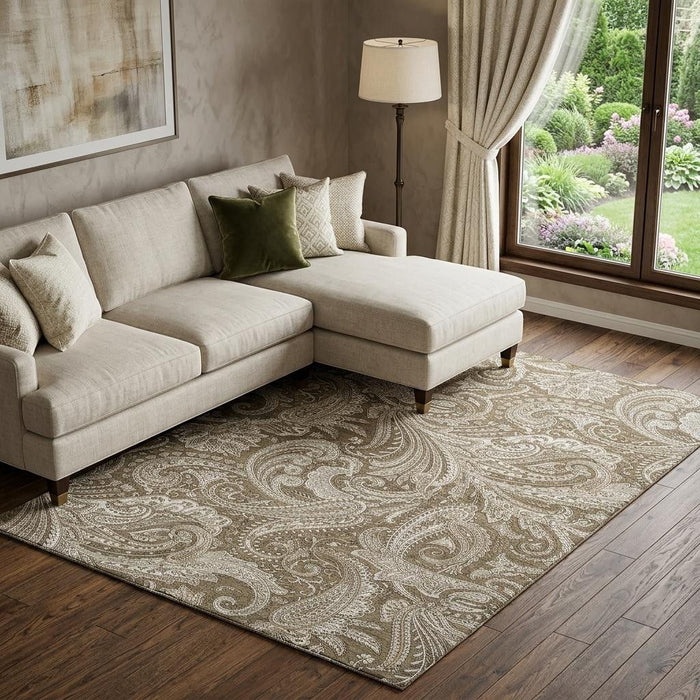 10' X 14' Paisley Washable Area Rug With UV Protection (654650) - Chocolate / Ivory
