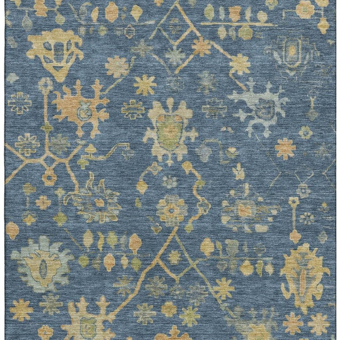 10' X 14' Floral Washable Area Rug With UV Protection (708439) - Navy Blue / Gold