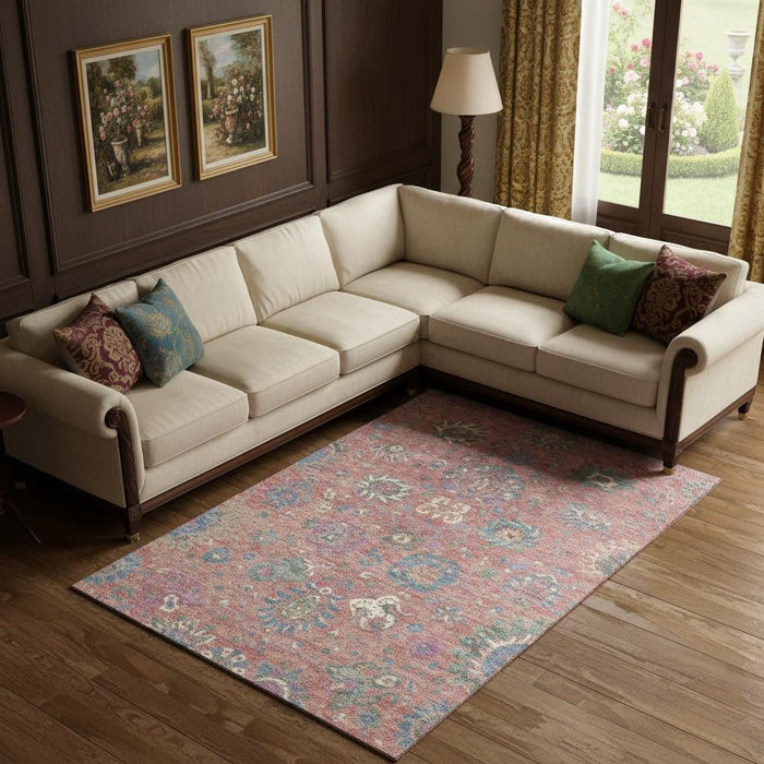 10' X 14' Oriental Washable Area Rug With UV Protection (710975) - Coral / Blue / Ivory