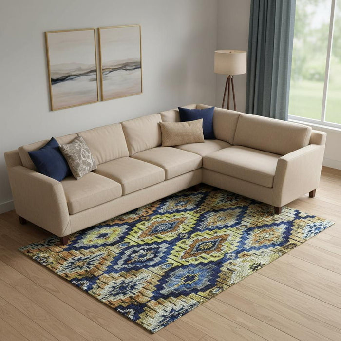 10' X 14' Washable Area Rug With UV Protection (707113) - Navy Blue / Gold / Beige