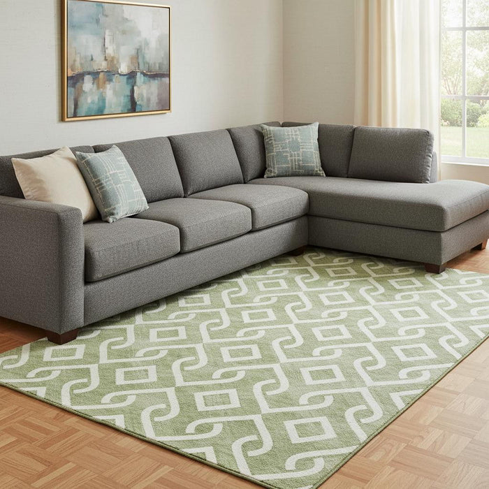 9' X 12' Geometric Washable Area Rug With UV Protection (652502) - Green / Ivory