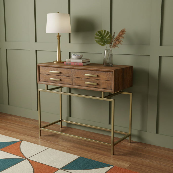 36" Solid Wood Distressed Frame Console Table With Storage - Brown And Brass