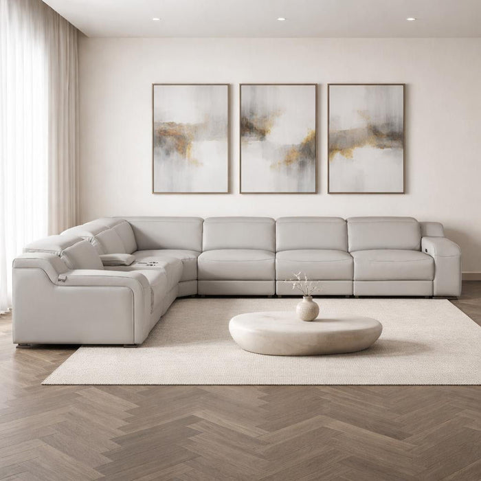 Italian Leather Power Reclining Curved Seven Piece Corner Sectional With Console - Light Gray