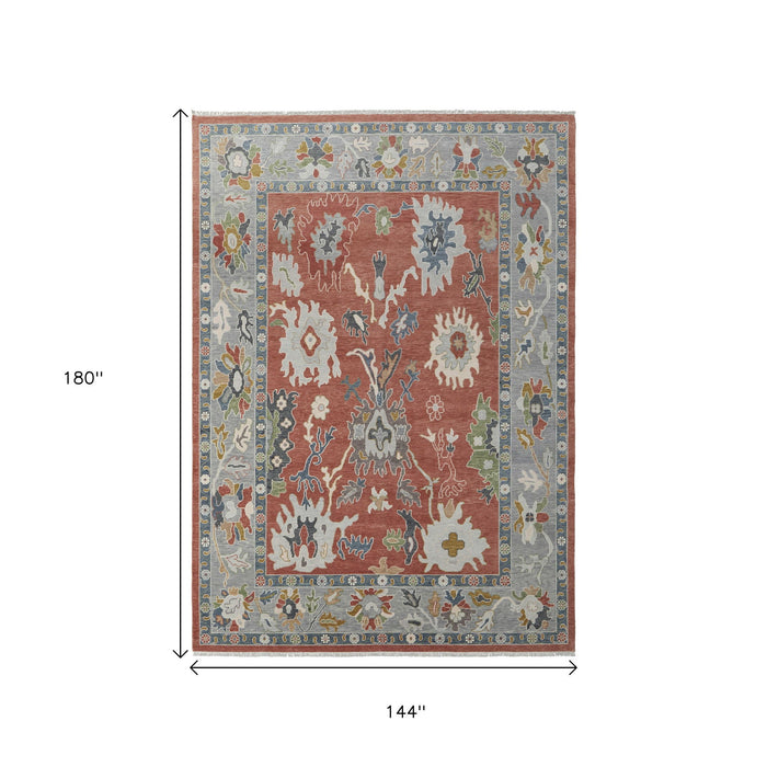 12' X 15' Floral Hand Knotted Area Rug With Fringe - Red