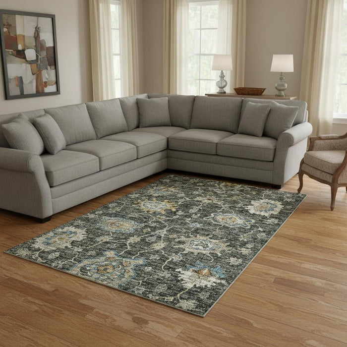 10' X 14' Floral Medallion Washable Area Rug With UV Protection (644604) - Charcoal / Blue / Gold