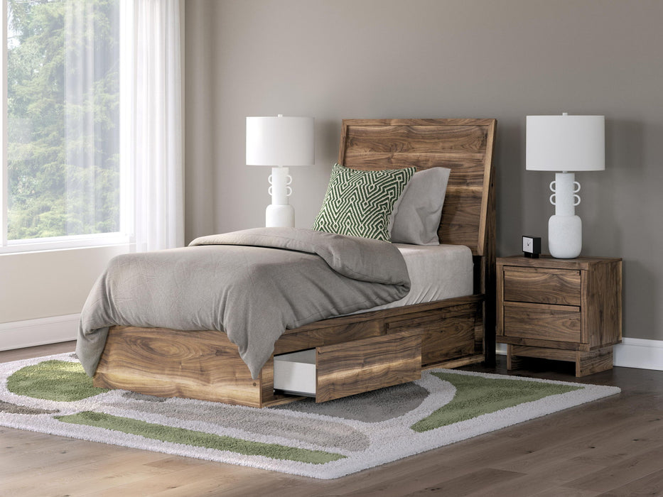 Signature Design by Ashley Chirason panel bed with built-in storage drawers and a modern wood finish.