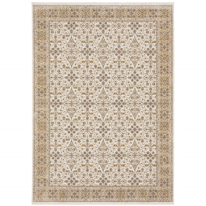 8' x 11' Oriental Power Loom Stain Resistant Polyester Area Rug With Fringe - Ivory And Gold
