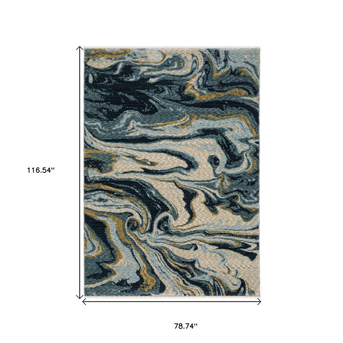 7' X 10' Abstract Area Rug With Fringe - Navy Blue And Teal