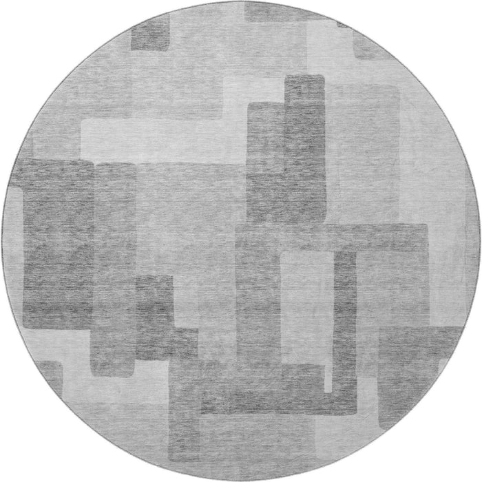 8' Abstract Geometric Washable Round Rug With UV Protection - Silver And Gray