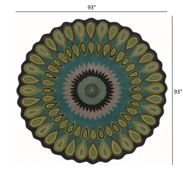 8' Round Peacock Feather Area Rug - Green