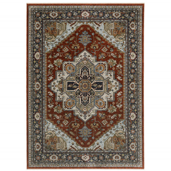 9.8' x 12.9' Oriental Power Loom Area Rug With Fringe - Blue And Beige