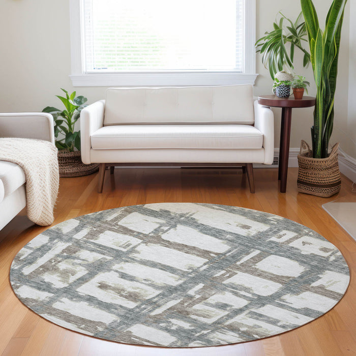 8' Striped Washable Round Rug With UV Protection - Silver And Gray
