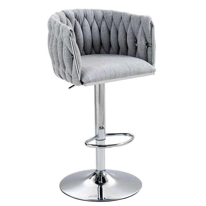 Set of two Giga gray 360° swivel bar stools with woven backs, adjustable height, footrest, and silver chrome finish for kitchen island.