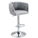 Set of two Giga gray 360° swivel bar stools with woven backs, adjustable height, footrest, and silver chrome finish for kitchen island.