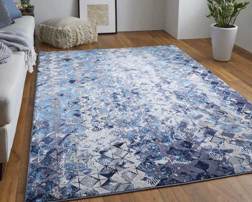 8' x 10' Geometric Power Loom Distressed Area Rug - Blue Ivory And Gray