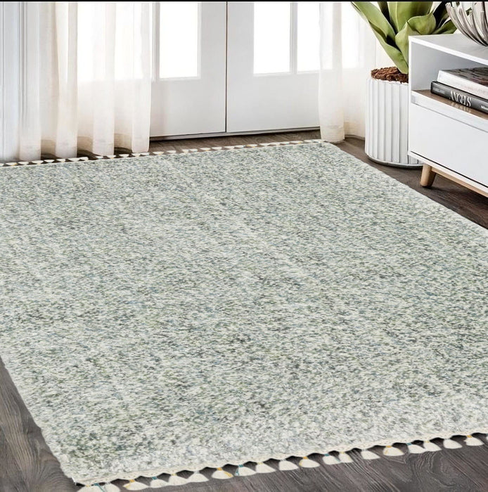 5' X 8' Abstract Shag Area Rug With Fringe - Light Blue And Ivory
