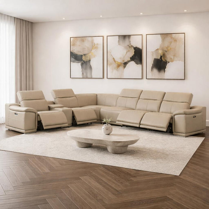 Leather Modular L Shaped Seven Piece Corner Sectional With Console - Beige