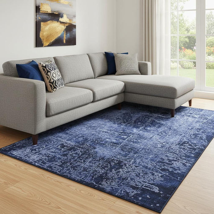10' X 14' Abstract Washable Area Rug With UV Protection (649048) - Navy Blue / Ivory