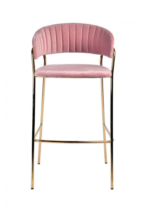 Set of two pink and gold steel low back bar height chairs from HomeRoots with sleek modern design.