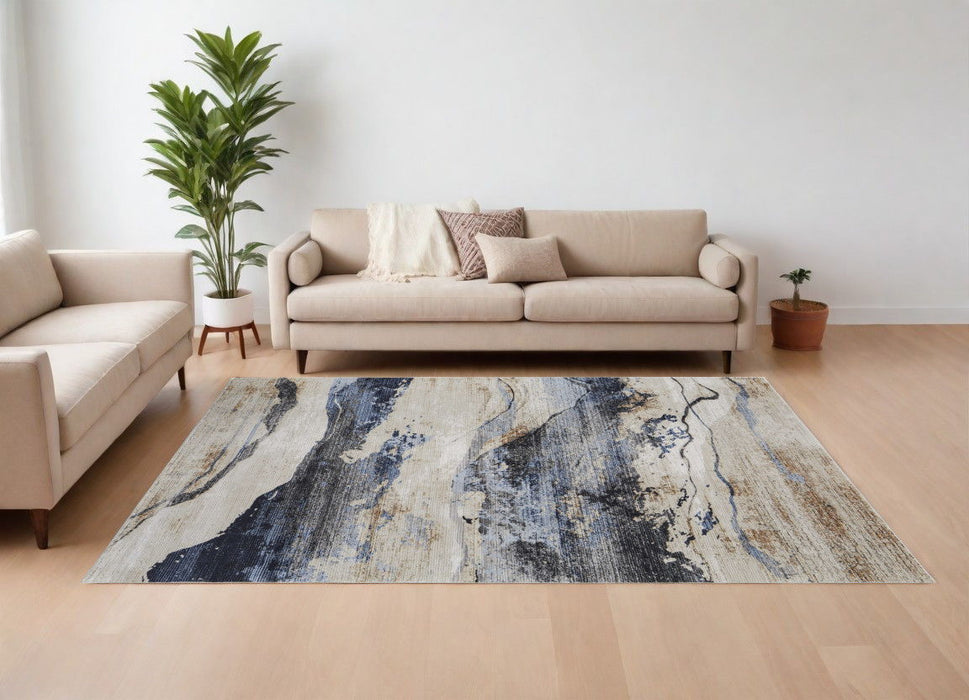 7' x 10' Abstract Power Loom Area Rug - Blue Gray And Tan