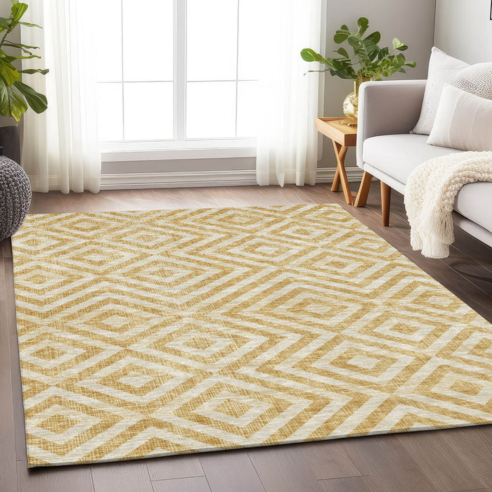 9' X 12' Geometric Washable Area Rug With UV Protection - Ivory And Gold