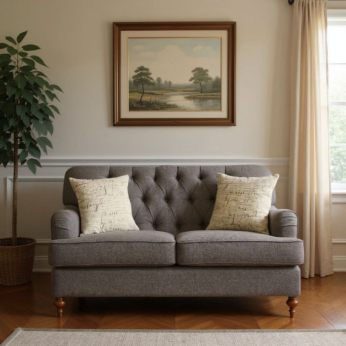 Linen Curved Loveseat And Toss Pillows - Dark Gray / Brown
