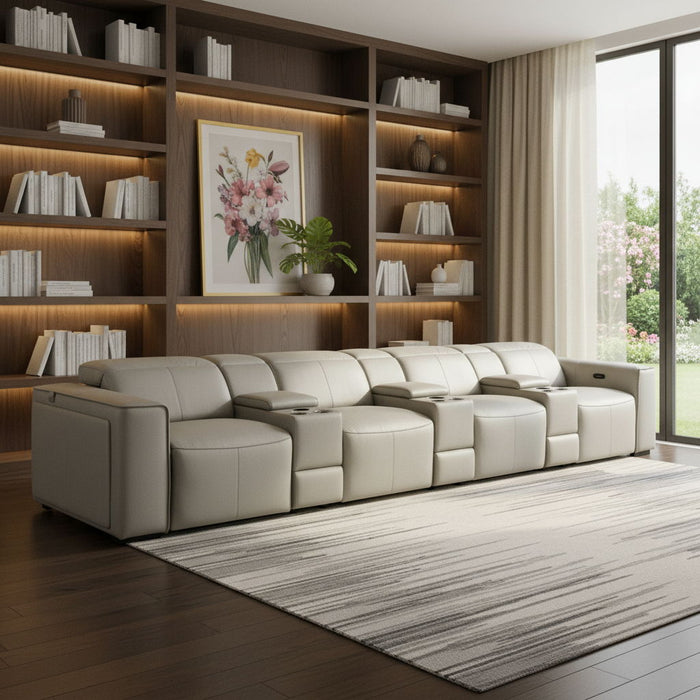 Top Grain Leather Reclining Metal USB Sofa (720424) - Light Gray