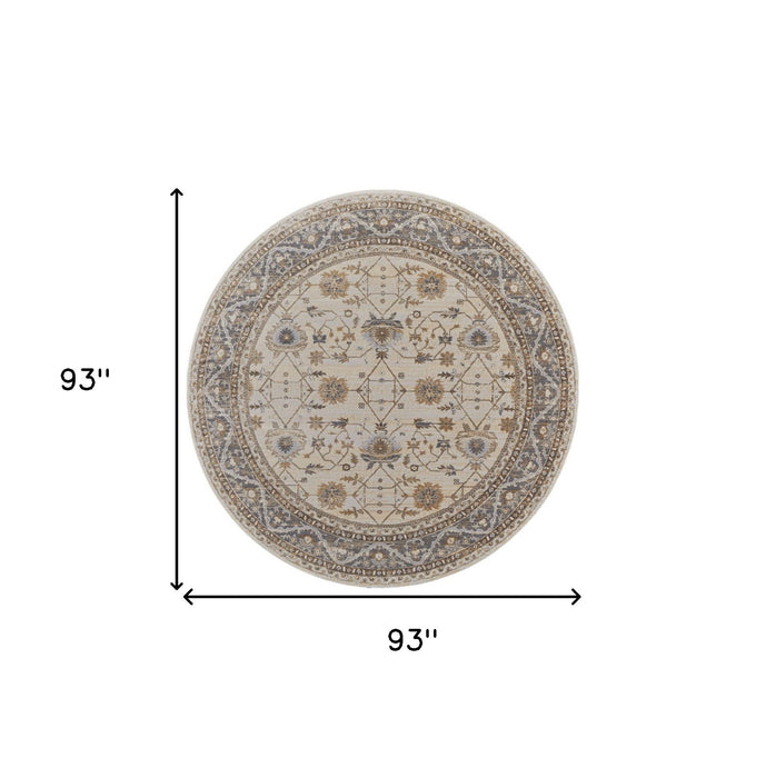 7.8' x 7.8' Round Oriental Power Loom Distressed Area Rug - Brown And Ivory