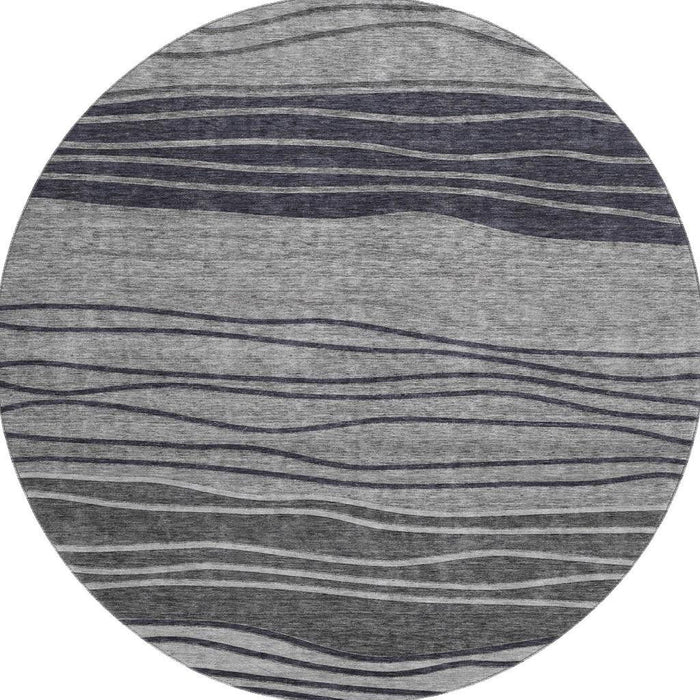 8' Striped Washable Round Rug Polyester With UV Protection - Gray And Silver