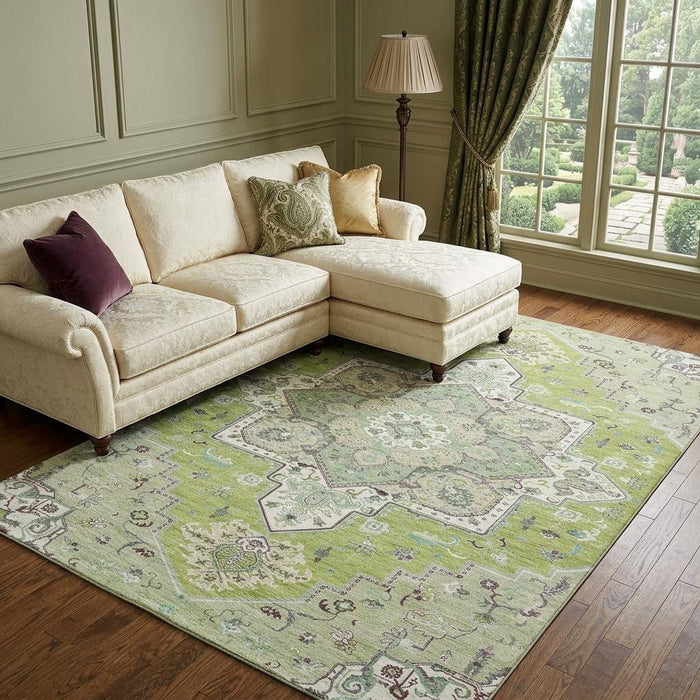 10' X 14' Oriental Washable Area Rug With UV Protection (681305) - Green / Ivory / Gray
