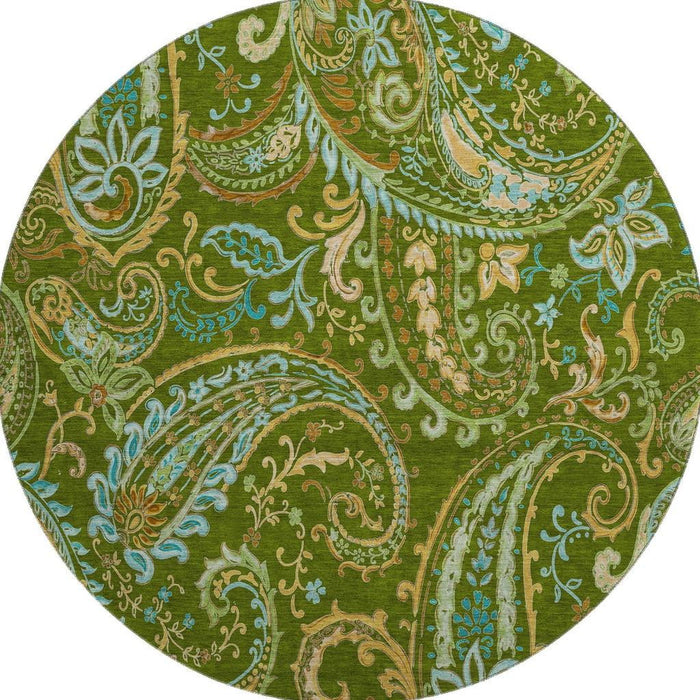 8' Paisley Washable Round Rug With UV Protection (647971) - Green / Blue