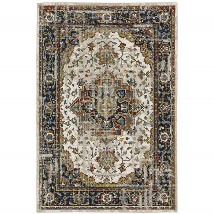 6' x 9' Oriental Power Loom Stain Resistant Area Rug - Beige Blue Green Rust And Gray