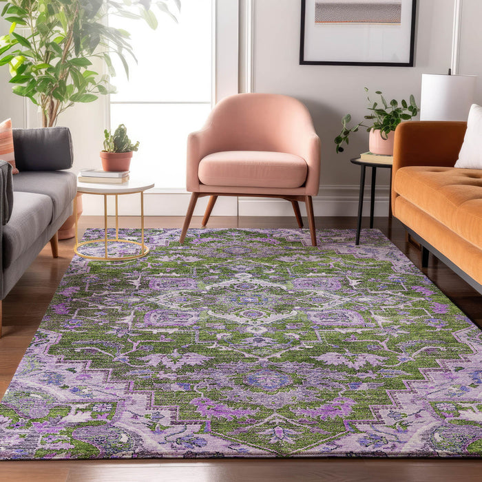 10' X 14' Floral Medallion Washable Area Rug With UV Protection - Olive Green