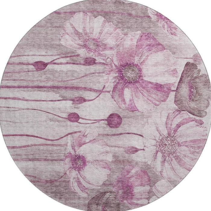 8' Floral Washable Round Rug With UV Protection (657308) - Plum / Ivory