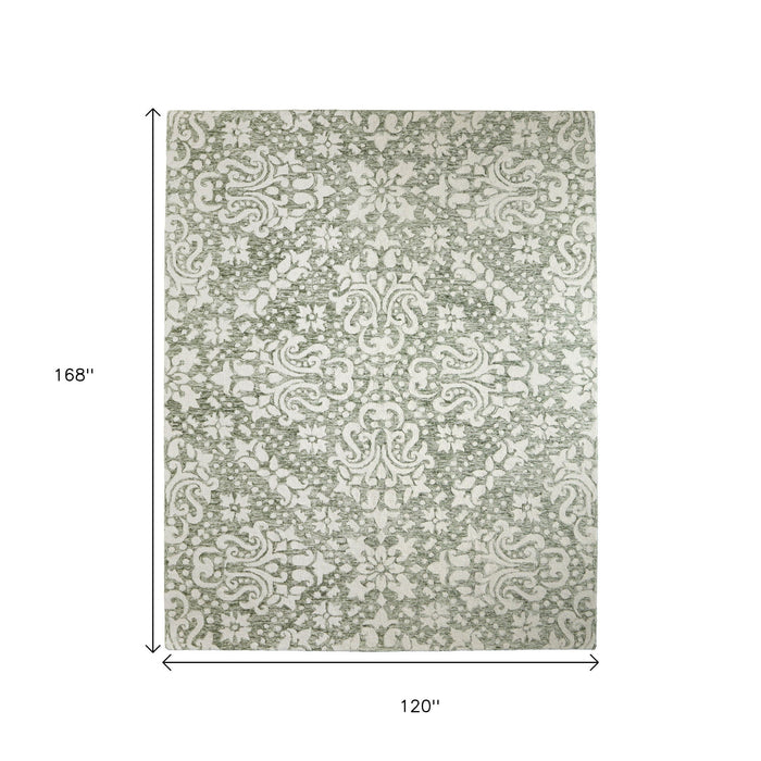 10' X 14' Floral Hand Tufted Area Rug - Ivory And Green