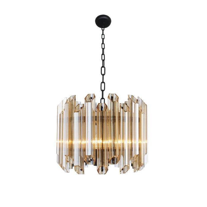 HomeRoots five-light metal chandelier with beveled glass shades and amber accents, modern statement lighting fixture.