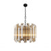 HomeRoots five-light metal chandelier with beveled glass shades and amber accents, modern statement lighting fixture.