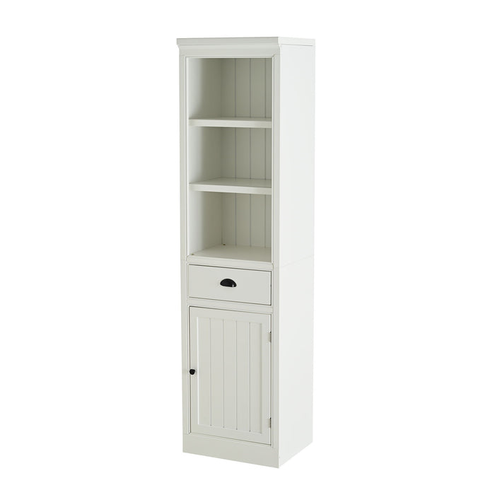Giga retro-style 75-inch tall white display shelf with cabinet for hallways, living rooms, and kitchens, featuring open and enclosed storage.
