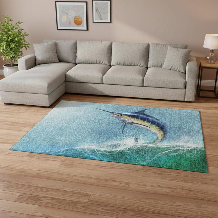 10' X 14' Nautical Washable Area Rug With UV Protection (645367) - Caribbean Blue / Emerald / Beige