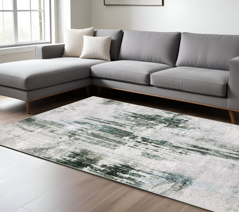 8' x 10' Abstract Printed Stain Resistant Non Skid Area Rug - Silver Gray Teal Blue And Charcoal