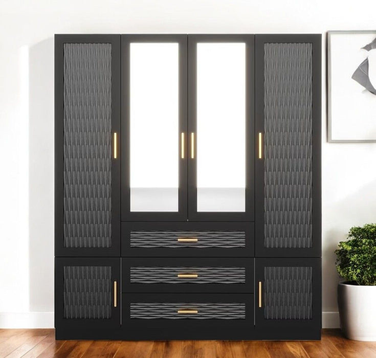 HomeRoots 71-inch carved geometric gold and gray wardrobe with six doors and three drawers, featuring intricate design and modern style.