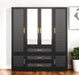 HomeRoots 71-inch carved geometric gold and gray wardrobe with six doors and three drawers, featuring intricate design and modern style.