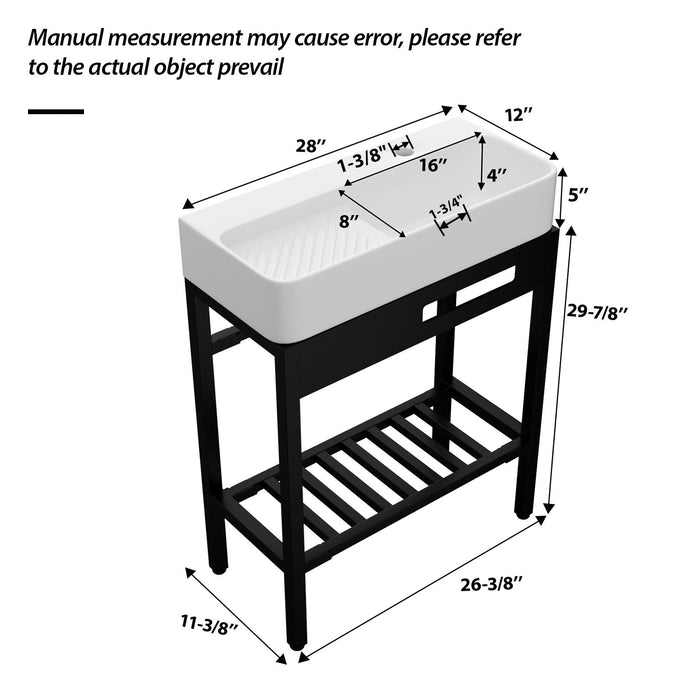 Giga Inspired console vanity sink in white and black with built-in washboard, overflow, and sleek legs, 28x12 inches