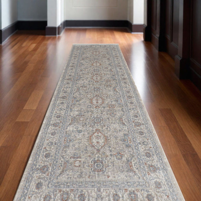 10' Oriental Power Loom Runner Rug With Fringe - Silver Taupe And Blue